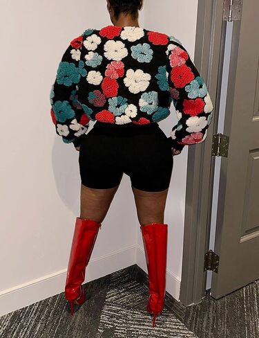 معاطف Omoone النسائية الصوفية ذات الأزهار القصيرة وسترات كلاسيكية وسترات منفوخة على شكل زهرة للخريف والشتاء سترة قصيرة in Kuwait