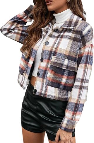 AMEBELLE المرأة الخريف الفانيلا اقتصاص منقوشة سترة جاكيتات طويلة الأكمام جيوب زر أسفل قميص سترة معطف in Kuwait