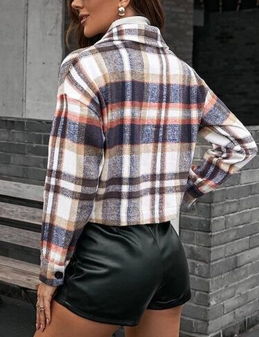 AMEBELLE المرأة الخريف الفانيلا اقتصاص منقوشة سترة جاكيتات طويلة الأكمام جيوب زر أسفل قميص سترة معطف in Kuwait