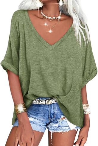 Langwyqu Women's Oversized T Shirts V Neck Short Sleeve Summer Casual Loose Tops Tees in Saudi Arabia