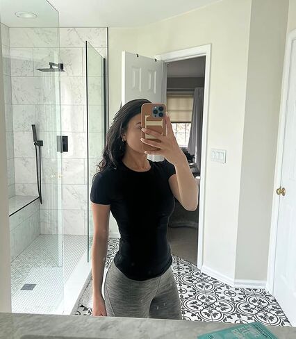 OMKAGI Double Lined Slim Fit T Shirts for Women Short Sleeve Crew Neck Crop Top in Saudi Arabia