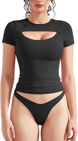 OMKAGI Double Lined Slim Fit T Shirts for Women Short Sleeve Crew Neck Crop Top in Saudi Arabia