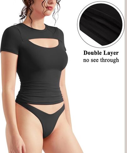 OMKAGI Double Lined Slim Fit T Shirts for Women Short Sleeve Crew Neck Crop Top in Saudi Arabia