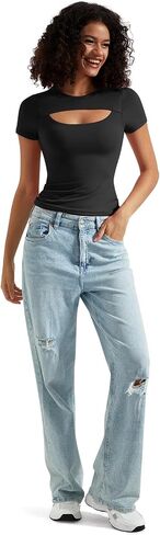 OMKAGI Double Lined Slim Fit T Shirts for Women Short Sleeve Crew Neck Crop Top in Saudi Arabia