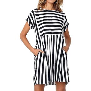 Naggoo Womens Summer Striped Short Sleeve T-Shirt Dresses Casual Swing Aline Dresses with Pocket