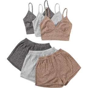 GORGLITTER Women's 3 Sets Lounge Set Crop Cami Top Elastic Waist Shorts Rib Knit Sleepwear Pajama Set in Kuwait