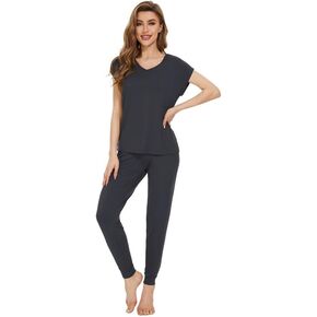 WiWi Bamboo Viscose Pajamas Sets for Women Short Sleeve Top with Long Jogger Pants Sleepwear Set Lounge Pjs S-XXL