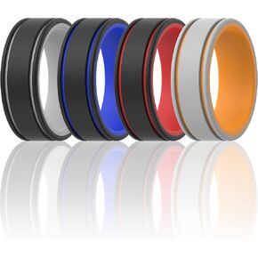 ThunderFit Men Silicone Wedding Rings 2 Layer - 7 Rings / 4 Rings / 1 Ring - Rubber Engagement Bands - 8mm Width - 2mm Thickness