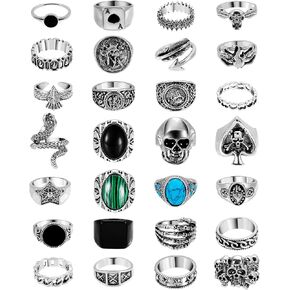Masedy 28 قطعة خواتم الشرير خمر للرجال خواتم القوطية باردة رجالي ثعبان خاتم على شكل جمجمة Signet الفرقة حلقة خواتم السائق الرجعية حزمة in Kuwait