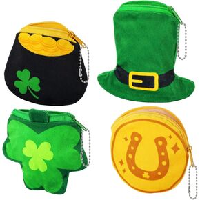 ICoDeesse St. Patrick's Day Decorations Shamrock Leprechaun Hat Plush Coin Purse Clover Candy Gold Coin Bag for Saint Patrick Accessories Party Supplies 4PCS in Kuwait