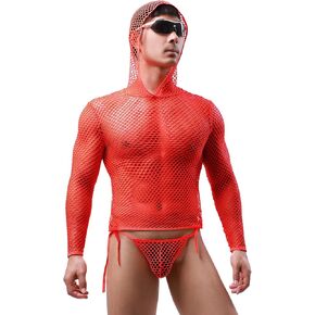 Akkad Kuti Mens Fishnet Tank Top Sexy Mesh Hoodie See Through Long Sleeve Undershirts Muscle Fit Workout Shirts