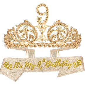 9th Birthday Sash and Tiara for Girls - Fabulous Glitter Sash + Forest Rhinestone Gold Premium Metal Tiara for Girls, 9th Birthday Gifts for Princess Party