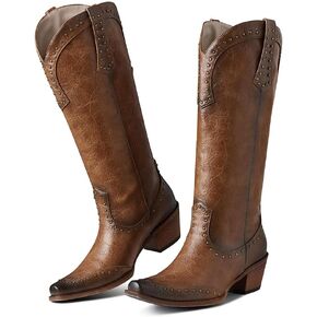 AOSPHIRAYLIAN أحذية رعاة البقر للنساء اللوز وأشار اصبع القدم أحذية عالية في الركبة سحب على كعب مكتنز مرصع أحذية راعية البقر الغربية الأزياء الرجعية حزب اللباس الأحذية in Kuwait