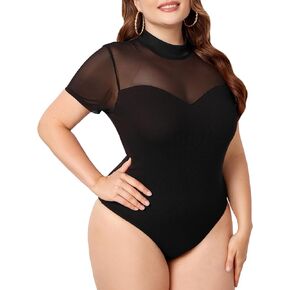 Milumia Women's Plus Size Mesh Bodysuit Short Sleeve Mock Neck Slim Fit Tee Bodysuit