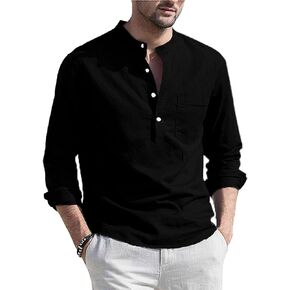 قمصان Jacansi الرجالية من الكتان Henley بأكمام طويلة هيبي كاجوال للشاطئ باللون الأسود مقاس 2XL in Kuwait