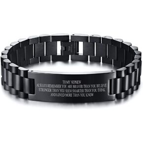 MEALGUET Personalized To my Nephew Bracelet Gift Ideas, Stainless steel Watch Band Link Bracelet to Nephew from Uncle Aunt, Inspirational Message Engraved Wristband for Birthday,Graduation,