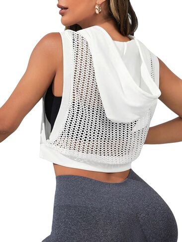 OYOANGLE Women's Drawstring Hollow Out Sleeveless Backless Active Gym Hooded Workout Crop Tank Tops in Saudi Arabia