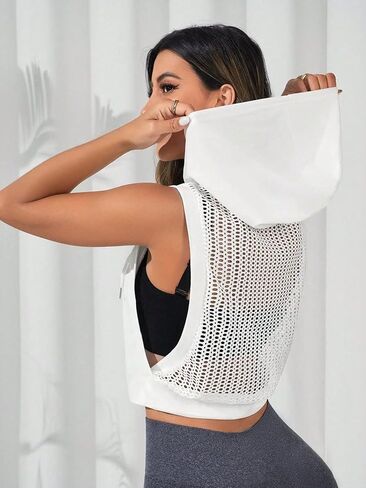 OYOANGLE Women's Drawstring Hollow Out Sleeveless Backless Active Gym Hooded Workout Crop Tank Tops in Saudi Arabia