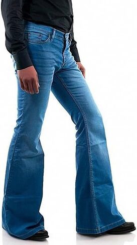 بنطلون جينز رجالي ذو جرس سفلي من الستينيات والسبعينيات للرجال، بنطلون جينز رجالي ذو قاع جرس أزرق فاتح in Kuwait