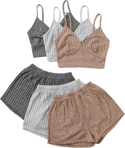 GORGLITTER Women's 3 Sets Lounge Set Crop Cami Top Elastic Waist Shorts Rib Knit Sleepwear Pajama Set in Kuwait