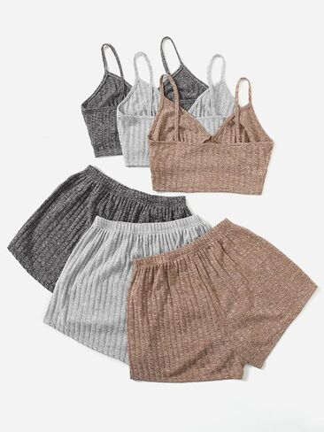 GORGLITTER Women's 3 Sets Lounge Set Crop Cami Top Elastic Waist Shorts Rib Knit Sleepwear Pajama Set in Kuwait