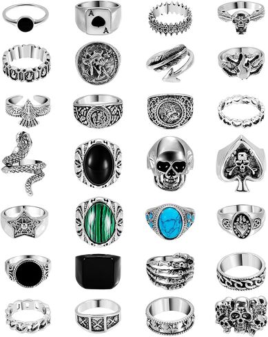 Masedy 28 قطعة خواتم الشرير خمر للرجال خواتم القوطية باردة رجالي ثعبان خاتم على شكل جمجمة Signet الفرقة حلقة خواتم السائق الرجعية حزمة in Kuwait
