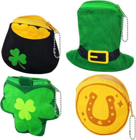 ICoDeesse St. Patrick's Day Decorations Shamrock Leprechaun Hat Plush Coin Purse Clover Candy Gold Coin Bag for Saint Patrick Accessories Party Supplies 4PCS in Kuwait