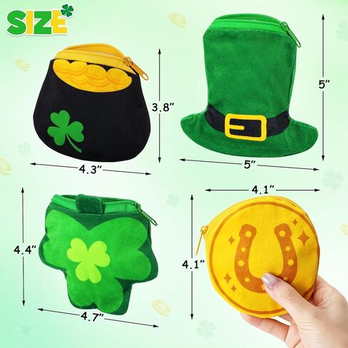 ICoDeesse St. Patrick's Day Decorations Shamrock Leprechaun Hat Plush Coin Purse Clover Candy Gold Coin Bag for Saint Patrick Accessories Party Supplies 4PCS in Kuwait