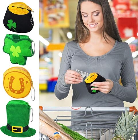 ICoDeesse St. Patrick's Day Decorations Shamrock Leprechaun Hat Plush Coin Purse Clover Candy Gold Coin Bag for Saint Patrick Accessories Party Supplies 4PCS in Kuwait