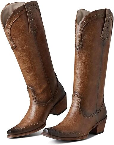 AOSPHIRAYLIAN أحذية رعاة البقر للنساء اللوز وأشار اصبع القدم أحذية عالية في الركبة سحب على كعب مكتنز مرصع أحذية راعية البقر الغربية الأزياء الرجعية حزب اللباس الأحذية in Kuwait