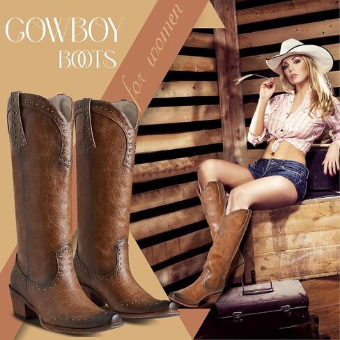 AOSPHIRAYLIAN أحذية رعاة البقر للنساء اللوز وأشار اصبع القدم أحذية عالية في الركبة سحب على كعب مكتنز مرصع أحذية راعية البقر الغربية الأزياء الرجعية حزب اللباس الأحذية in Kuwait