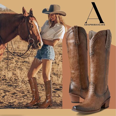 AOSPHIRAYLIAN أحذية رعاة البقر للنساء اللوز وأشار اصبع القدم أحذية عالية في الركبة سحب على كعب مكتنز مرصع أحذية راعية البقر الغربية الأزياء الرجعية حزب اللباس الأحذية in Kuwait