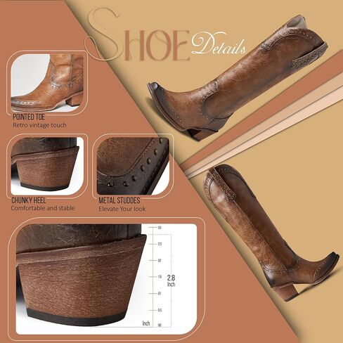 AOSPHIRAYLIAN أحذية رعاة البقر للنساء اللوز وأشار اصبع القدم أحذية عالية في الركبة سحب على كعب مكتنز مرصع أحذية راعية البقر الغربية الأزياء الرجعية حزب اللباس الأحذية in Kuwait