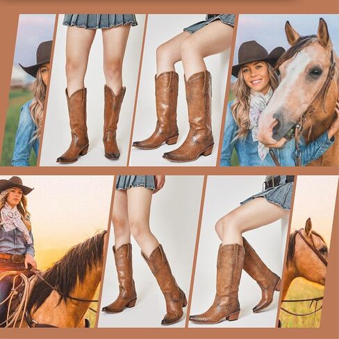 AOSPHIRAYLIAN أحذية رعاة البقر للنساء اللوز وأشار اصبع القدم أحذية عالية في الركبة سحب على كعب مكتنز مرصع أحذية راعية البقر الغربية الأزياء الرجعية حزب اللباس الأحذية in Kuwait