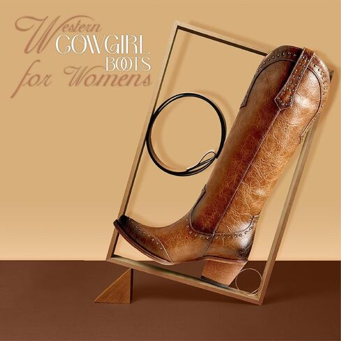 AOSPHIRAYLIAN أحذية رعاة البقر للنساء اللوز وأشار اصبع القدم أحذية عالية في الركبة سحب على كعب مكتنز مرصع أحذية راعية البقر الغربية الأزياء الرجعية حزب اللباس الأحذية in Kuwait