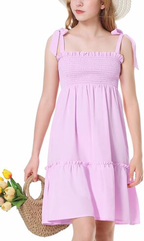 Mebius Girls Summer Mini/Maxi Dress Smocked Tie Strap Boho Casual Babydoll Shirred A-line Tiered Dresses in Saudi Arabia