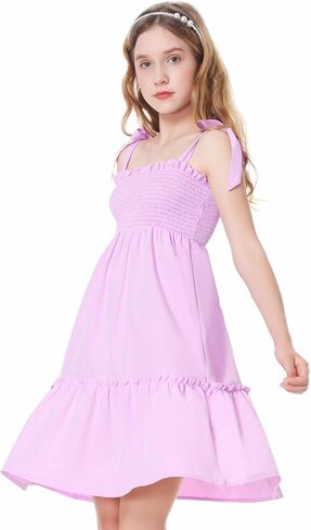Mebius Girls Summer Mini/Maxi Dress Smocked Tie Strap Boho Casual Babydoll Shirred A-line Tiered Dresses in Saudi Arabia
