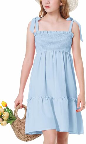 Mebius Girls Summer Mini/Maxi Dress Smocked Tie Strap Boho Casual Babydoll Shirred A-line Tiered Dresses in Saudi Arabia