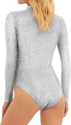 RMCMS Womens Shiny Mock Turtleneck Long Sleeve Sparkly Bodysuit High Neck Slim Fit Tops Sparkle Jumpsuit in Kuwait