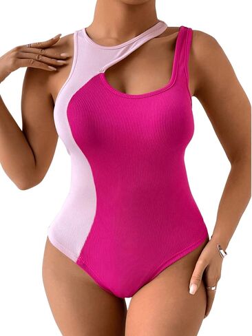 Floerns Women's Plus Size Cut Out Front Sleeveless Colorblock Rib Knit Bodysuit Top in Saudi Arabia