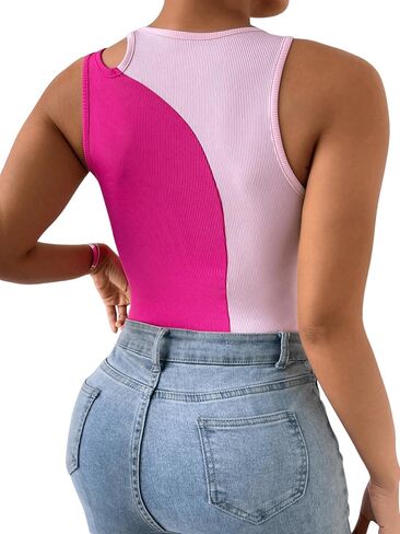 Floerns Women's Plus Size Cut Out Front Sleeveless Colorblock Rib Knit Bodysuit Top in Saudi Arabia
