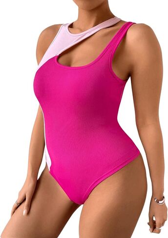 Floerns Women's Plus Size Cut Out Front Sleeveless Colorblock Rib Knit Bodysuit Top in Saudi Arabia