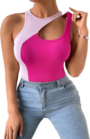 Floerns Women's Plus Size Cut Out Front Sleeveless Colorblock Rib Knit Bodysuit Top in Saudi Arabia
