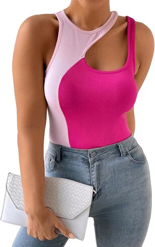 Floerns Women's Plus Size Cut Out Front Sleeveless Colorblock Rib Knit Bodysuit Top in Saudi Arabia