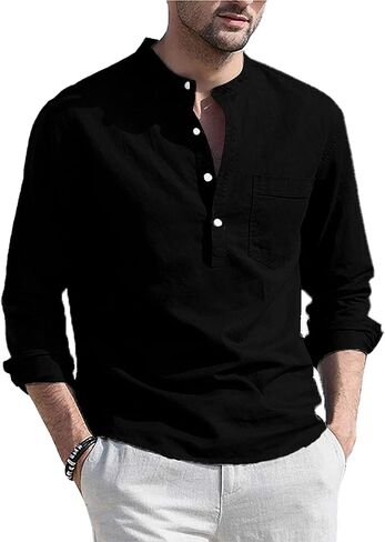 قمصان Jacansi الرجالية من الكتان Henley بأكمام طويلة هيبي كاجوال للشاطئ باللون الأسود مقاس 2XL in Kuwait