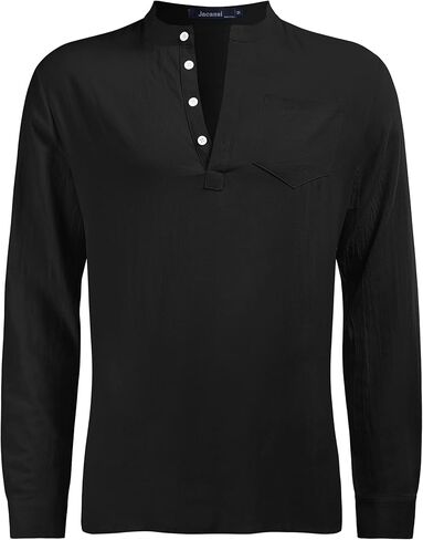 قمصان Jacansi الرجالية من الكتان Henley بأكمام طويلة هيبي كاجوال للشاطئ باللون الأسود مقاس 2XL in Kuwait