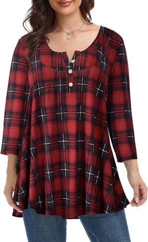 MONNURO Womens Plus Size Henley Shirts Button Up V Neck Pleated Tunic Tops Casual Blouse 3/4 Sleeve in Kuwait