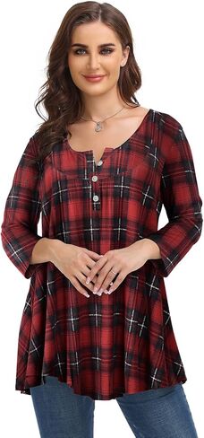 MONNURO Womens Plus Size Henley Shirts Button Up V Neck Pleated Tunic Tops Casual Blouse 3/4 Sleeve in Kuwait