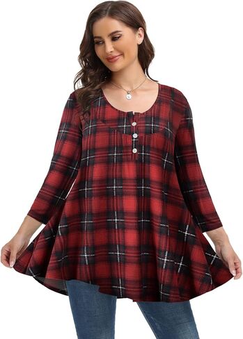 MONNURO Womens Plus Size Henley Shirts Button Up V Neck Pleated Tunic Tops Casual Blouse 3/4 Sleeve in Kuwait