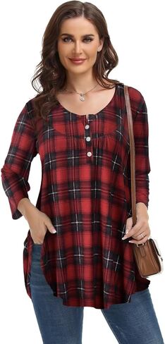 MONNURO Womens Plus Size Henley Shirts Button Up V Neck Pleated Tunic Tops Casual Blouse 3/4 Sleeve in Kuwait